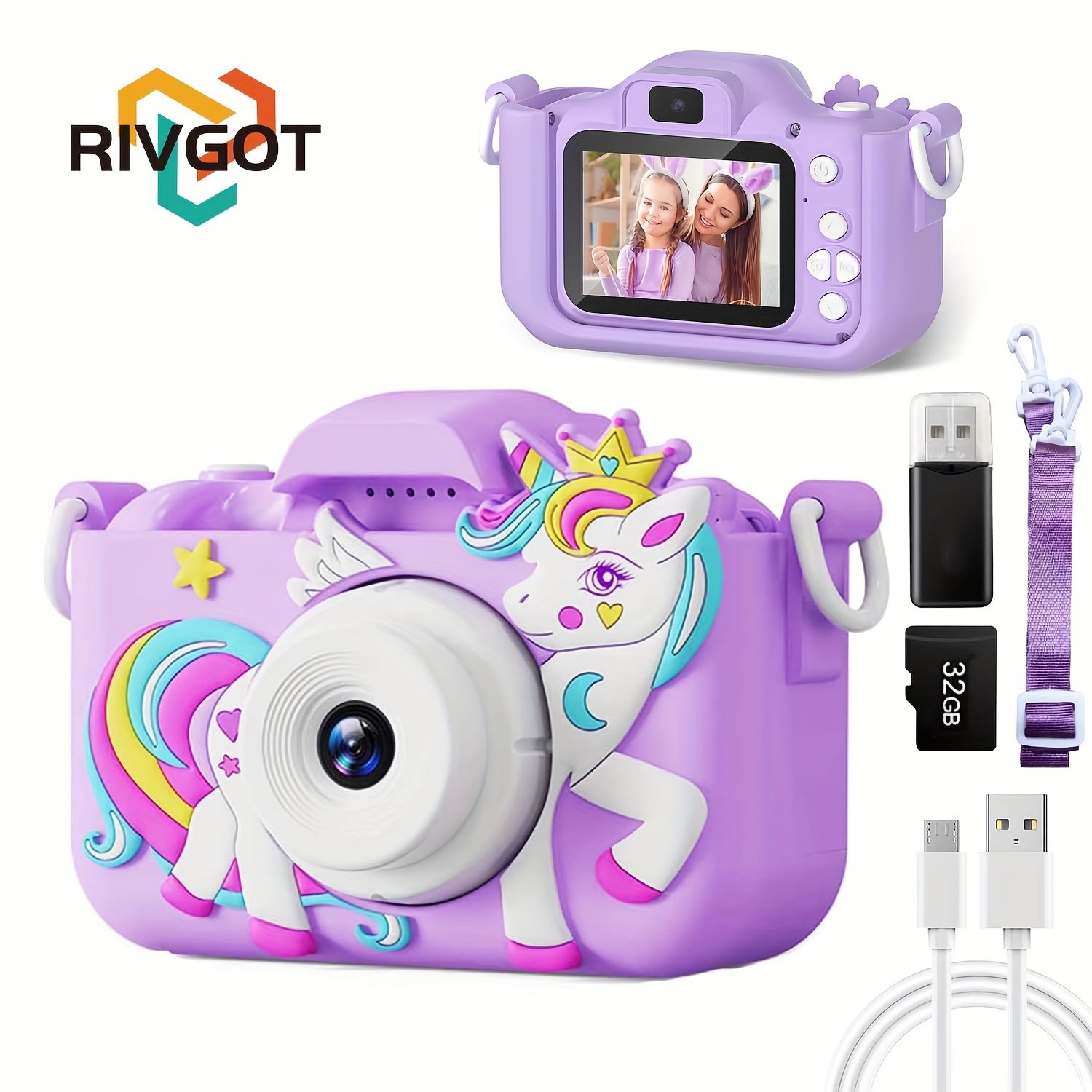 1pc RIVGOT Kids Digital Camera HD Selfie and Video Camera with Dual Lens USB Rechargeable 32GB SD Card Included 6 Filters 28 Frames Interactive Games Portable Toy for Boys and Girls Ages 312 Ideal for School Season and Birthday Gifts