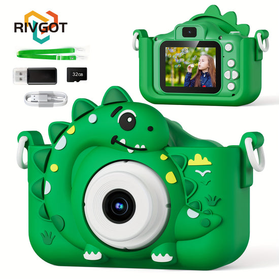 32GB RIVGOT Kids Camera with Front and Rear Cameras Green Silicone Shell Rechargeable HD Digital Selfie Camcorder Multifunctional Portable Toy Camera with USB Charging Games MP3 Player for Children Aged 3  6